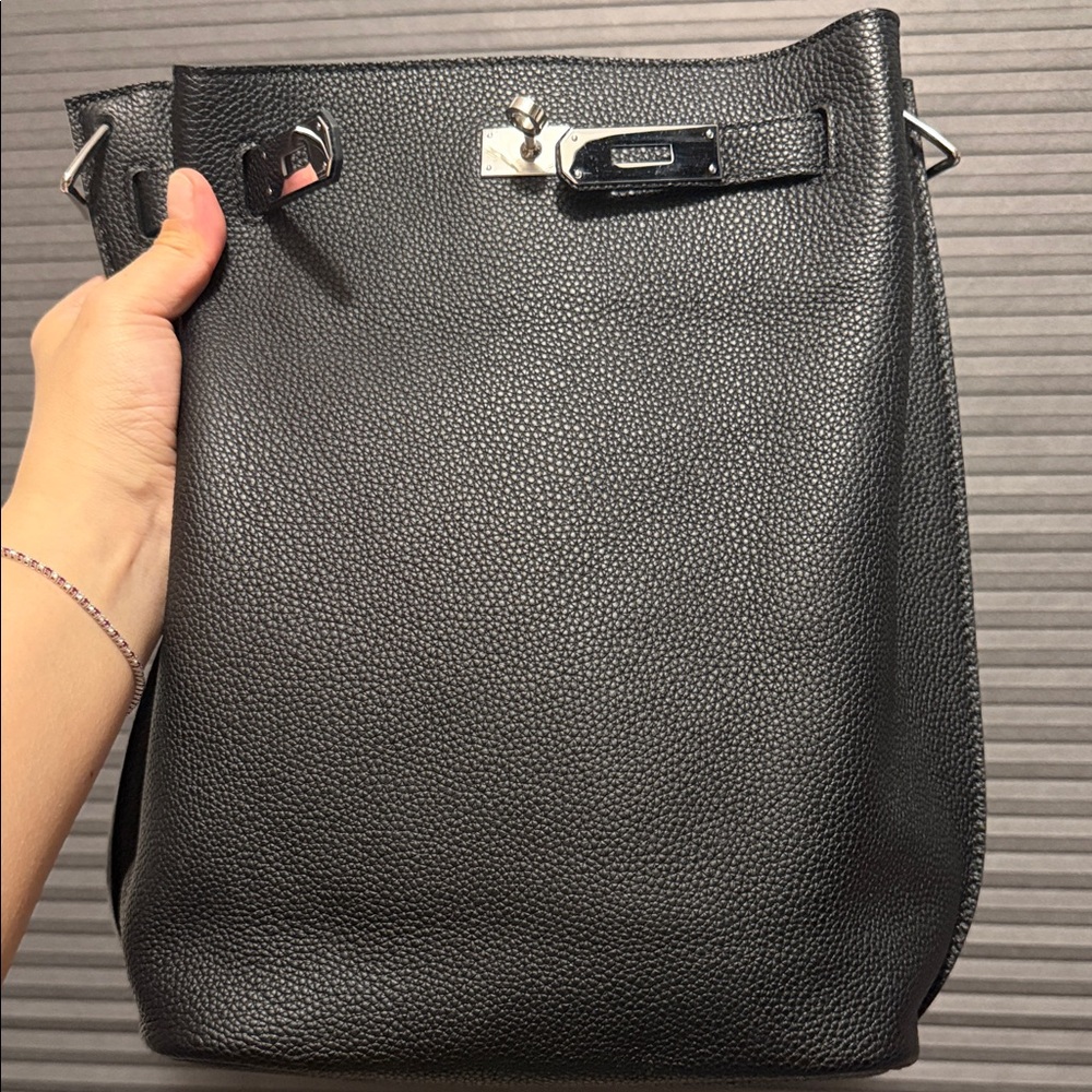 Black Leather Bucket/ Shoulder Bag with Silver Hardware